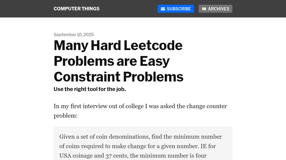 Screenshot of buttondown.com: Many hard LeetCode problems are easy constraint problems