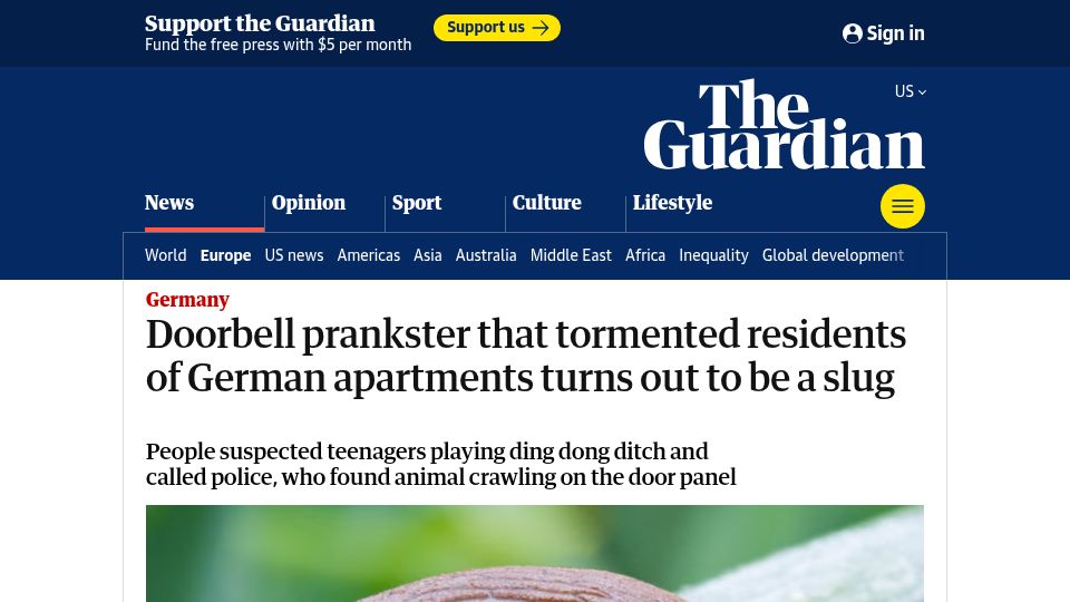 Screenshot of theguardian.com: Doorbell prankster that tormented residents of apartments turns out to be a slug
