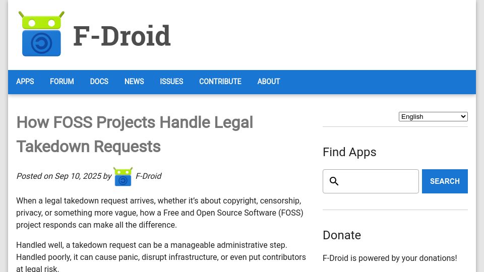 Screenshot of f-droid.org: How FOSS Projects Handle Legal Takedown Requests