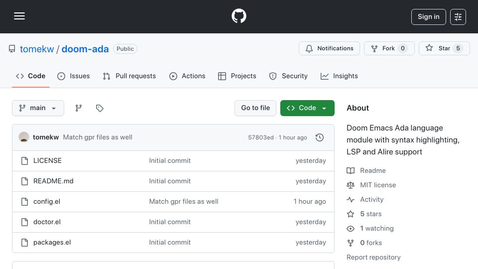 Screenshot of github.com: Doom-ada: Doom Emacs Ada language module with syntax, LSP and Alire support