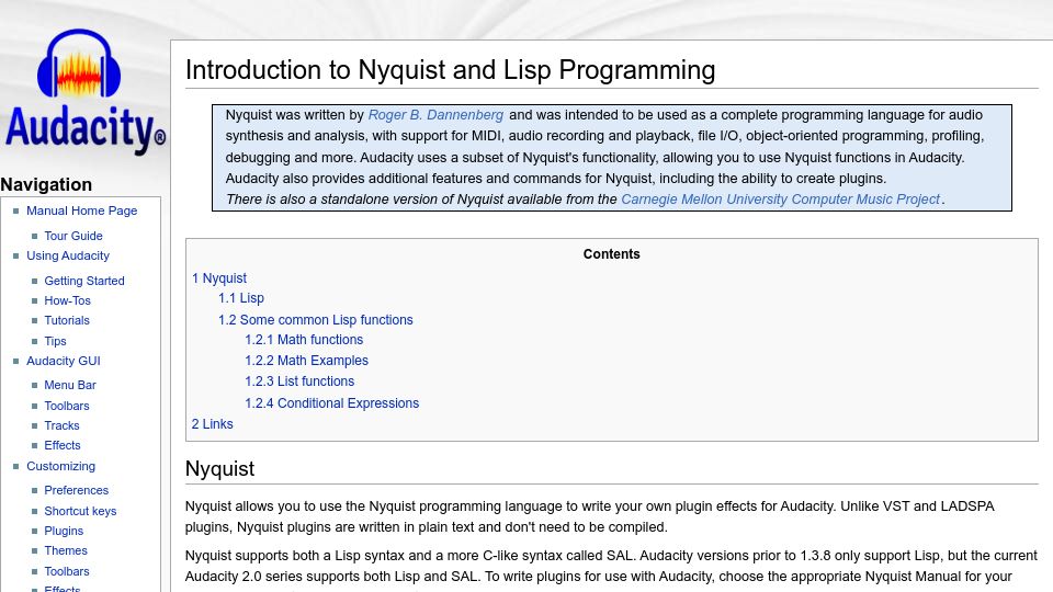 Screenshot of manual.audacityteam.org: Introduction to Nyquist and Lisp Programming