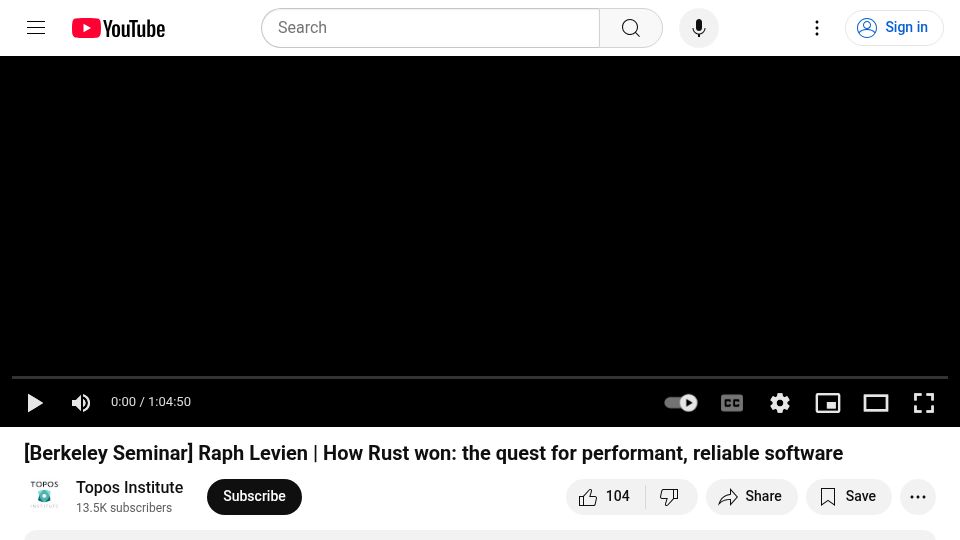 Screenshot of youtube.com: Rust: A quest for performant, reliable software [video]