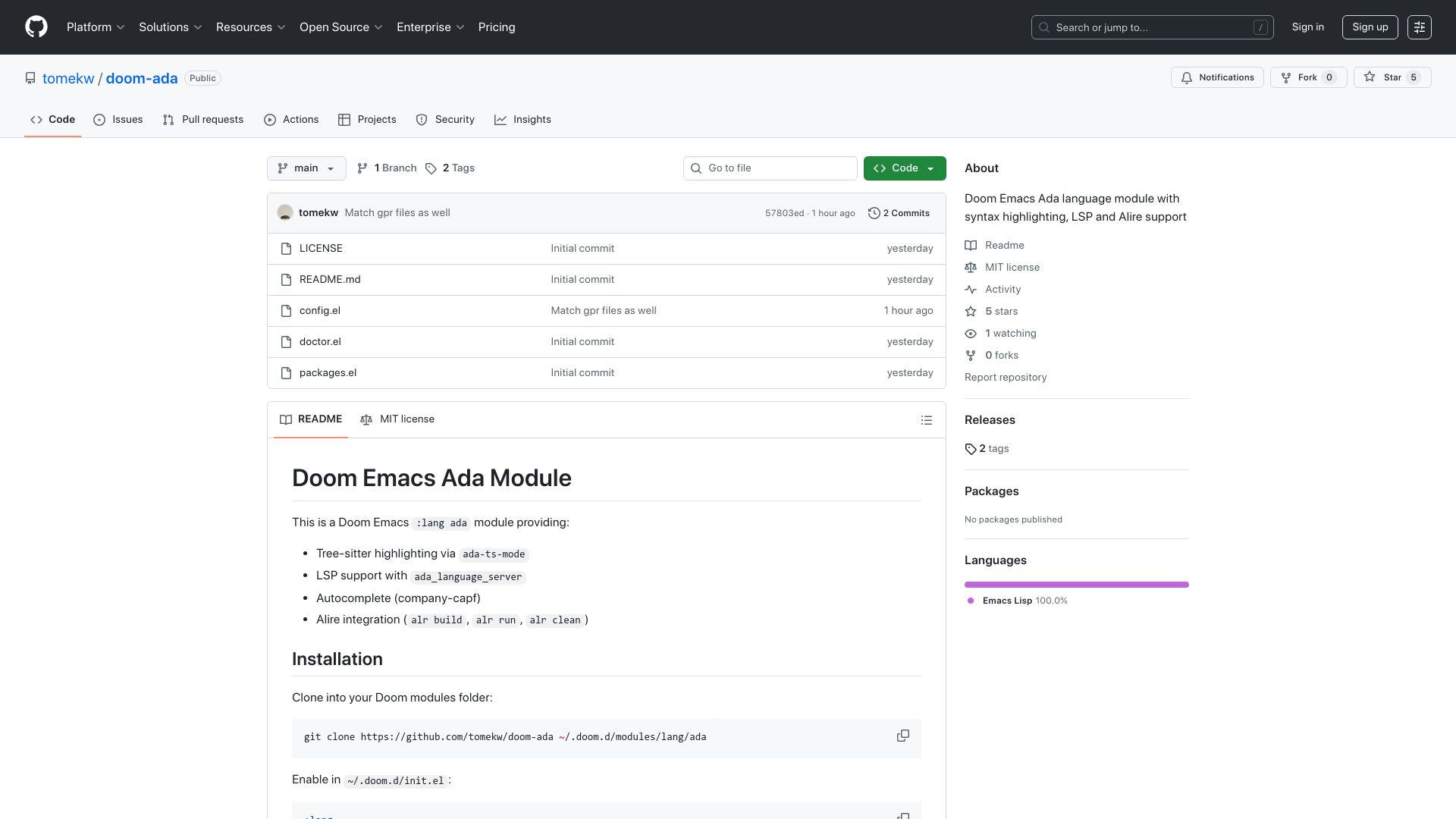 Screenshot of github.com: Doom-ada: Doom Emacs Ada language module with syntax, LSP and Alire support