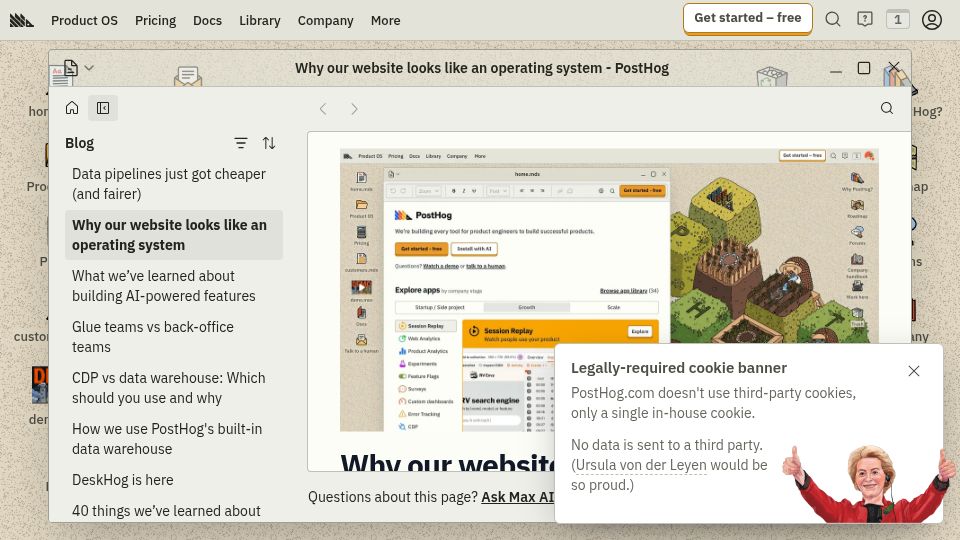 Screenshot of posthog.com: Why our website looks like an operating system
