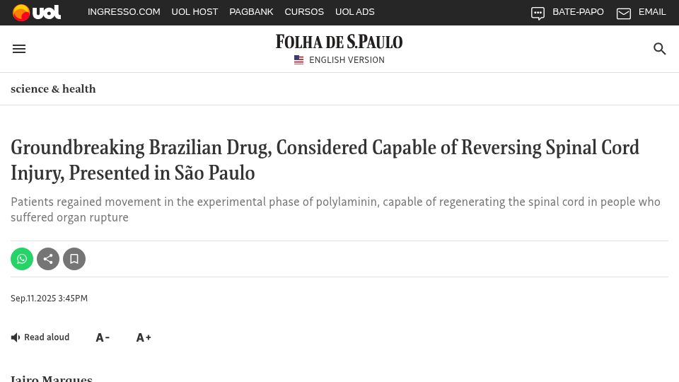 Screenshot of www1.folha.uol.com.br: Polylaminin, a drug considered capable of reversing spinal cord injury