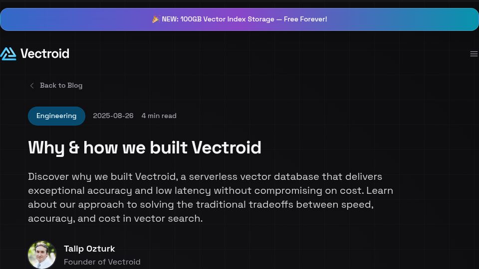 Screenshot of vectroid.com: Vector database that can index 1B vectors in 48M