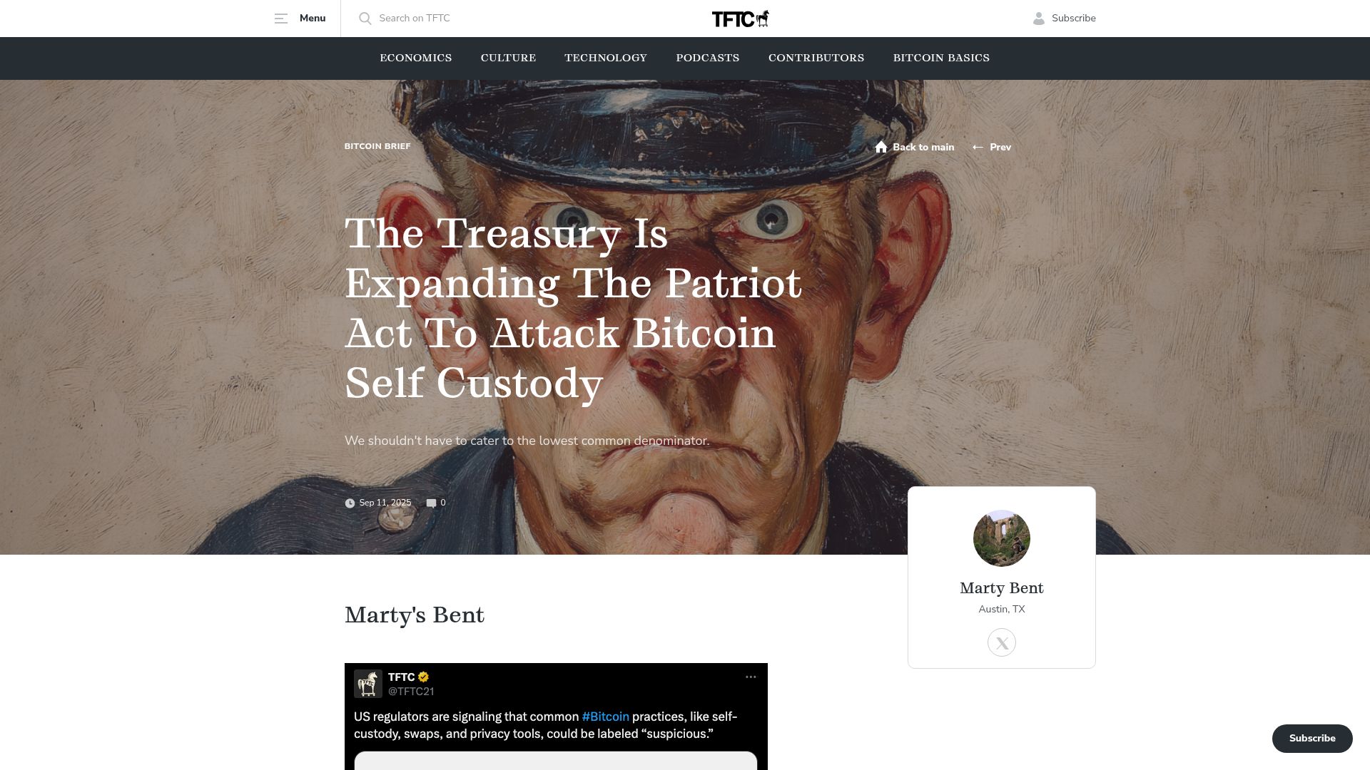 Screenshot of tftc.io: The treasury is expanding the Patriot Act to attack Bitcoin self custody