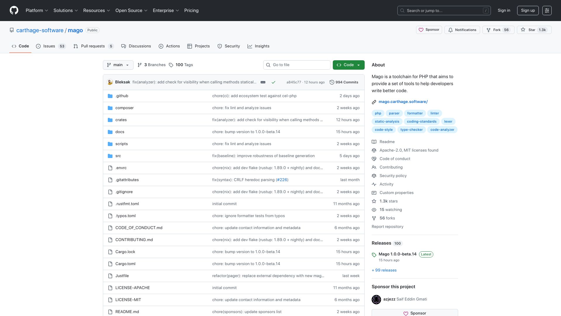 Screenshot of github.com: Mago: A fast PHP toolchain written in Rust