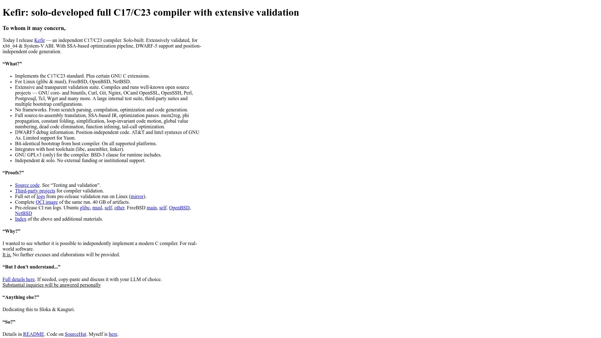 Screenshot of kefir.protopopov.lv: Kefir: Solo-developed full C17/C23 compiler with extensive validation
