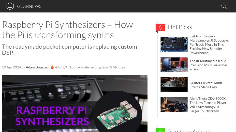 Screenshot of gearnews.com: Raspberry Pi Synthesizers – How the Pi is transforming synths