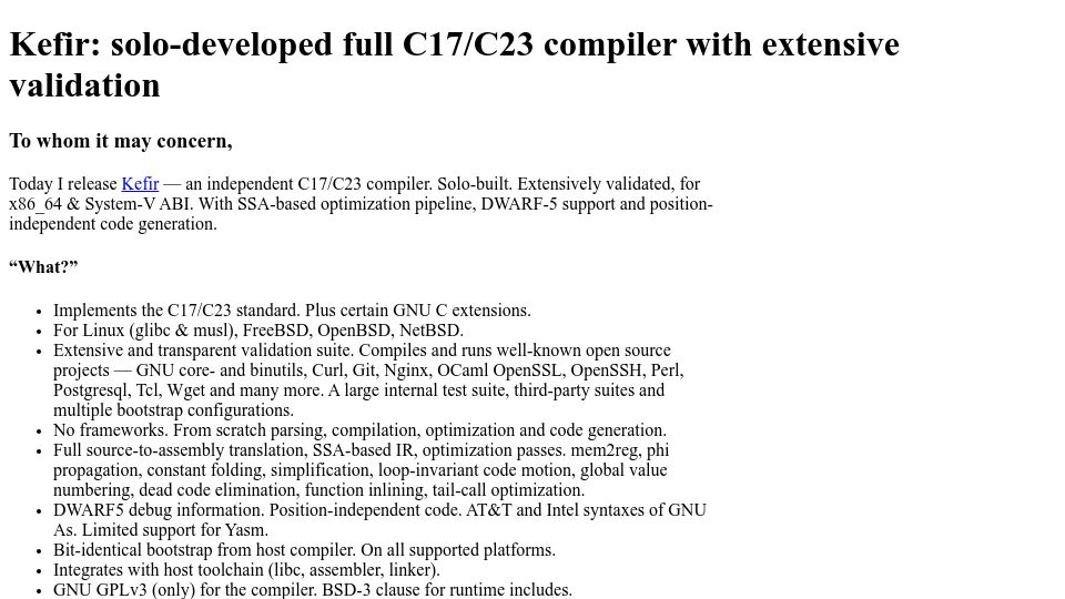 Screenshot of kefir.protopopov.lv: Kefir: Solo-developed full C17/C23 compiler with extensive validation