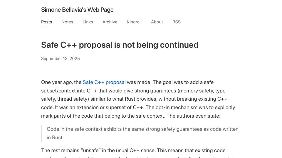Screenshot of sibellavia.lol: Safe C++ proposal is not being continued