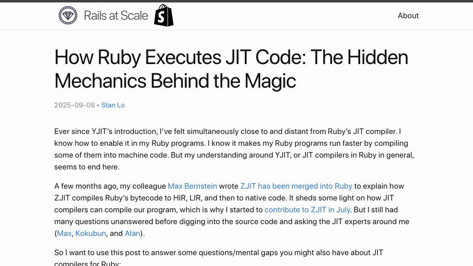 Screenshot of railsatscale.com: How Ruby executes JIT code