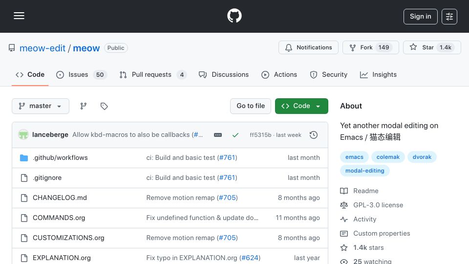 Screenshot of github.com: Meow: Yet another modal editing on Emacs