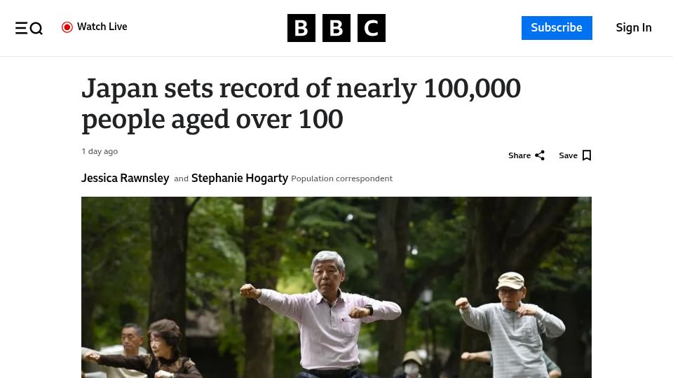 Screenshot of bbc.com: Japan sets record of nearly 100k people aged over 100