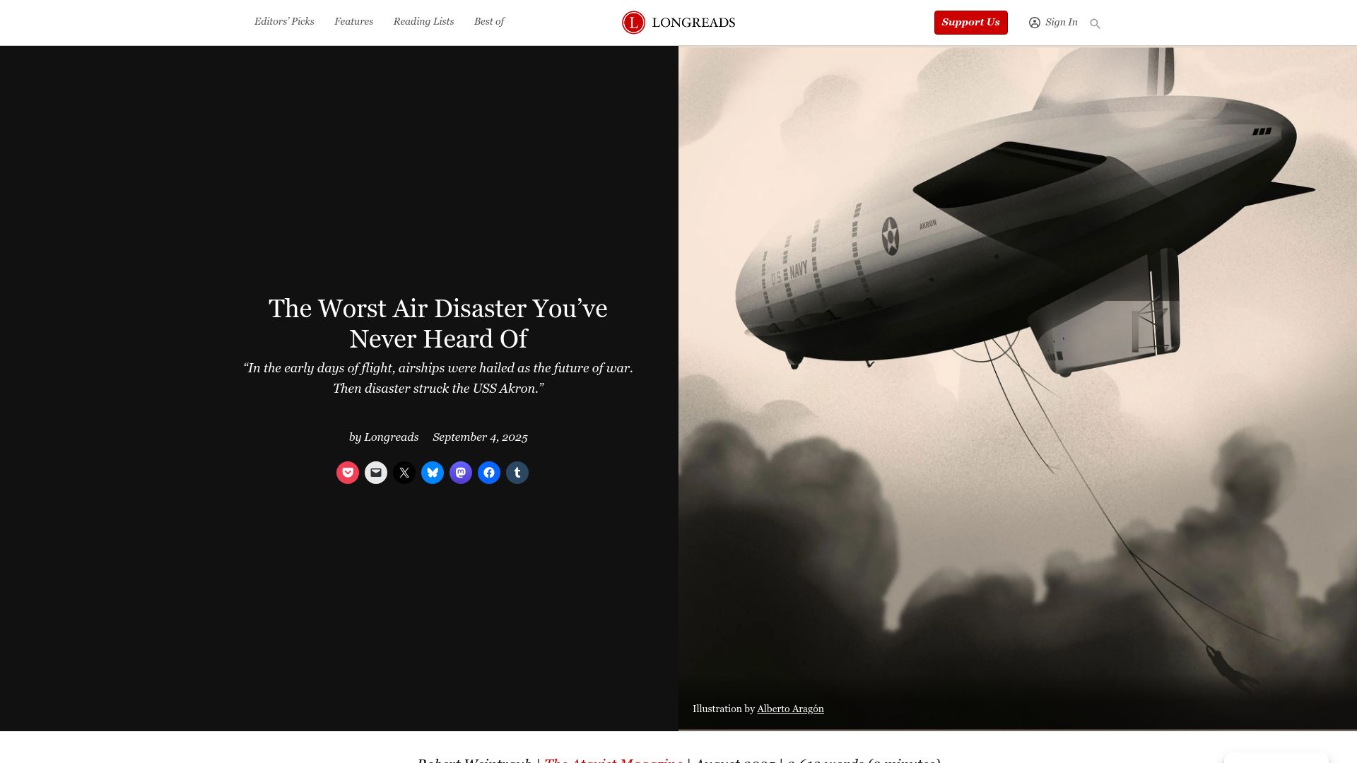 Screenshot of longreads.com: The Worst Air Disaster You've Never Heard Of