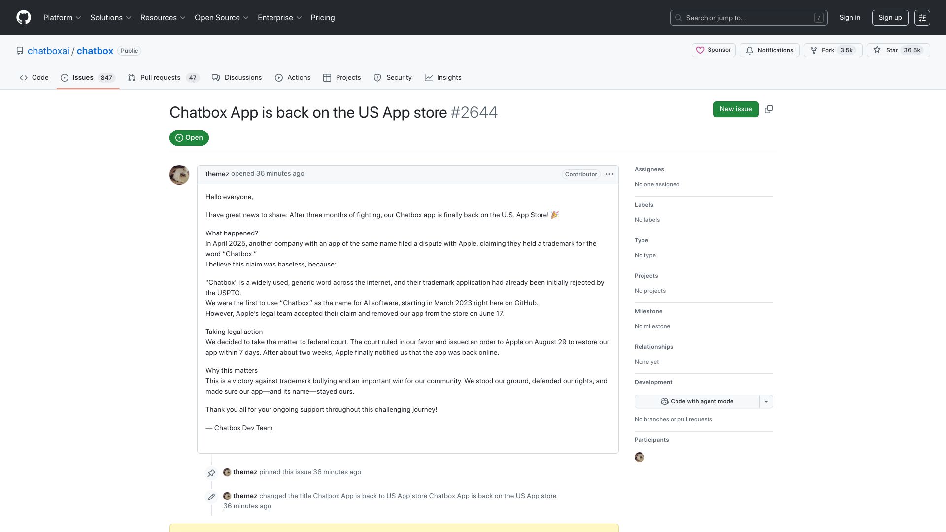 Screenshot of github.com: Chatbox app is back on the US app store