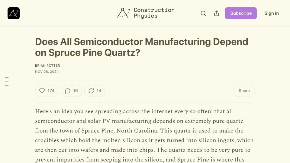 Screenshot of construction-physics.com: Does All Semiconductor Manufacturing Depend on Spruce Pine Quartz? (2024)