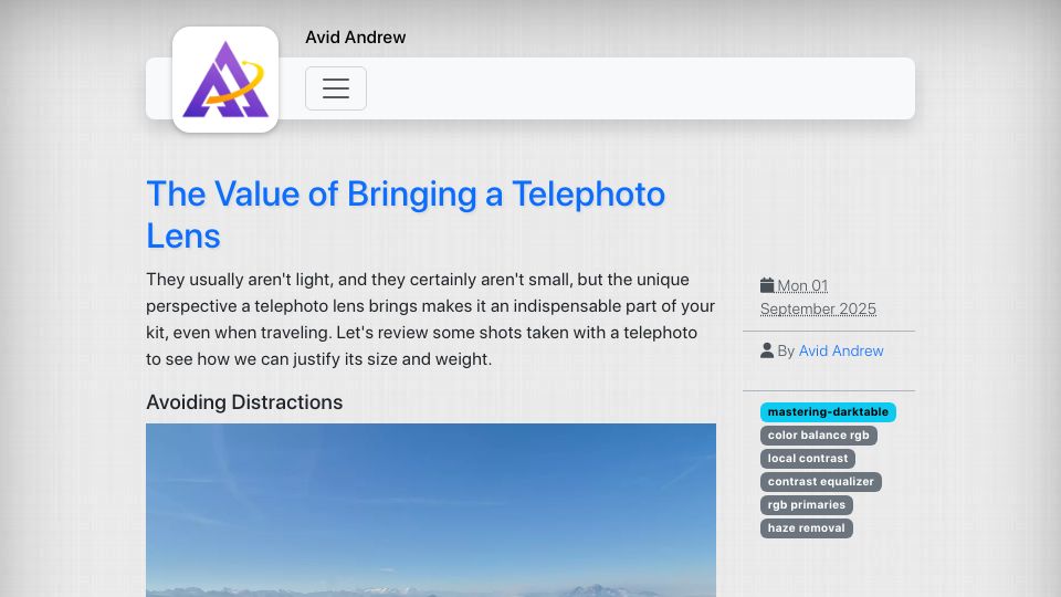 Screenshot of avidandrew.com: The value of bringing a telephoto lens