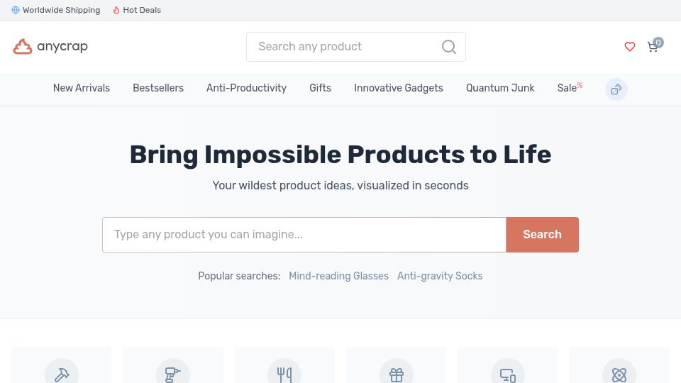 Screenshot of anycrap.shop: Show HN: A store that generates products from anything you type in search