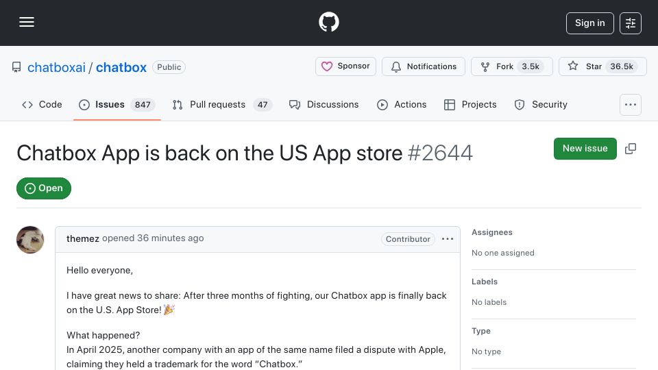Screenshot of github.com: Chatbox app is back on the US app store