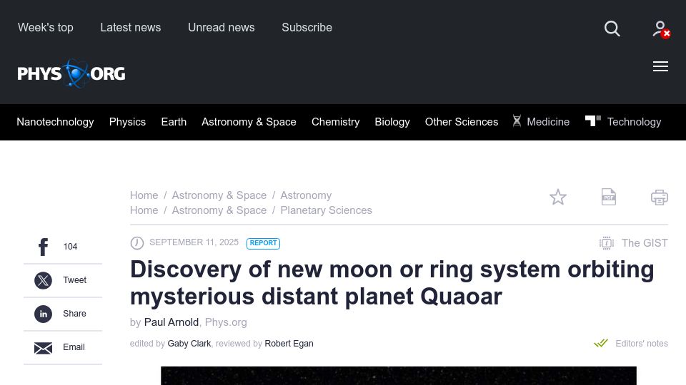 Screenshot of phys.org: Discovery of a new satellite or ring arc around Quaoar