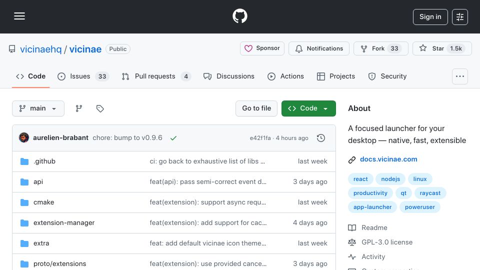 Screenshot of github.com: Show HN: Vicinae – A native, Raycast-compatible launcher for Linux