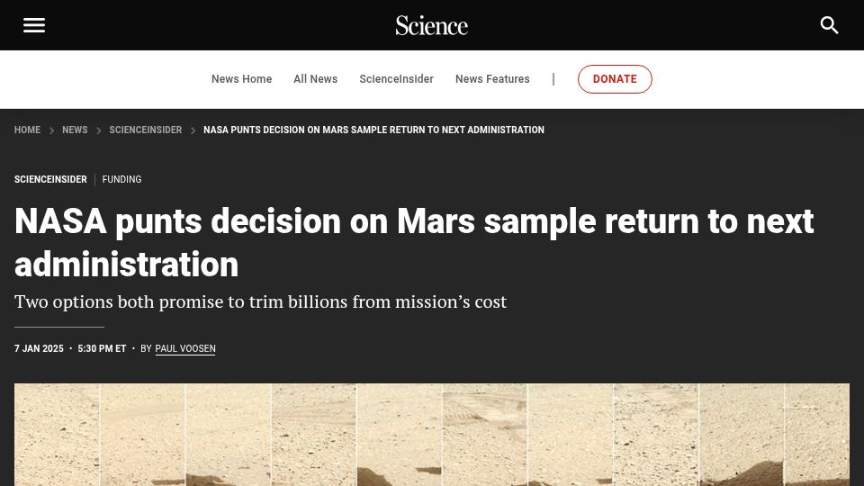 Screenshot of science.org: NASA punts decision on Mars sample return to next administration