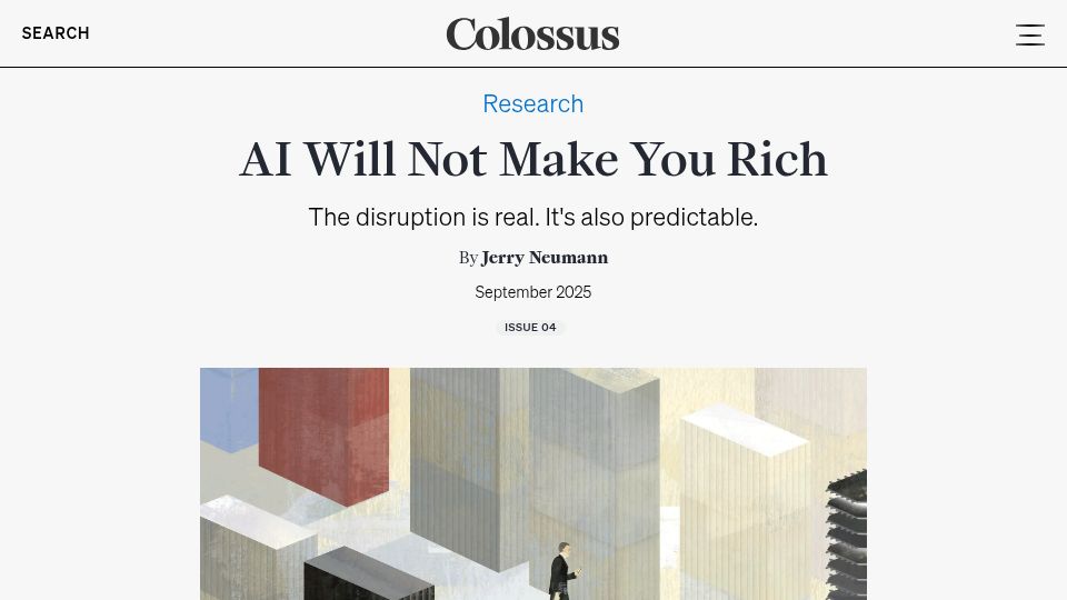Screenshot of joincolossus.com: Will AI be the basis of many future industrial fortunes, or a net loser?