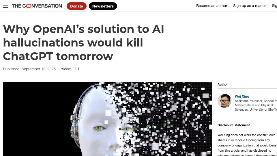 Screenshot of theconversation.com: OpenAI’s latest research paper demonstrates that falsehoods are inevitable