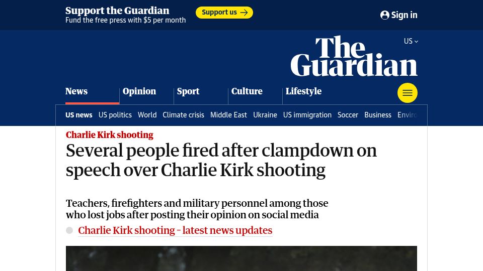 Screenshot of theguardian.com: Several people fired after clampdown on speech over Charlie Kirk shooting
