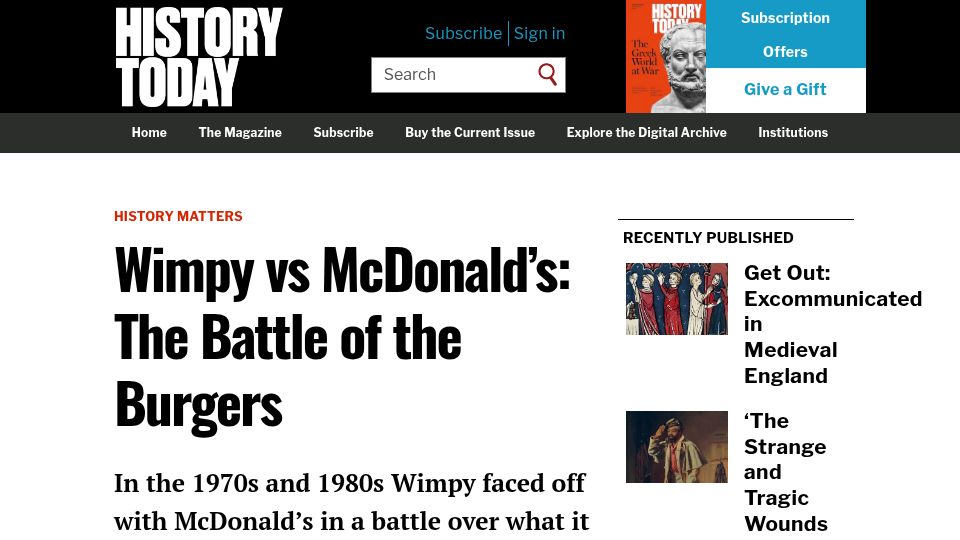 Screenshot of historytoday.com: Wimpy vs. McDonald's: The Battle of the Burgers