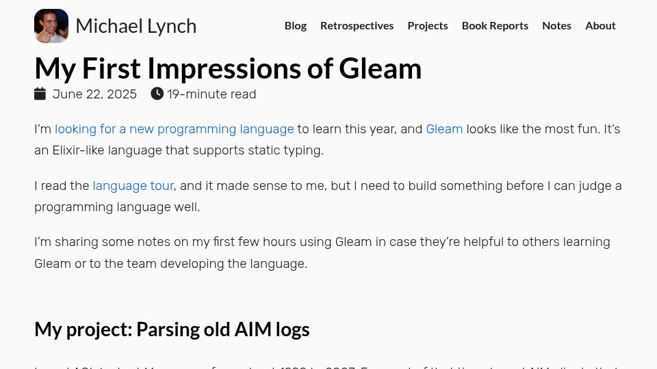 Screenshot of mtlynch.io: My first impressions of Gleam