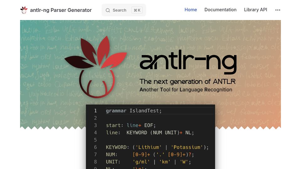 Screenshot of antlr-ng.org: Antlr-Ng Parser Generator