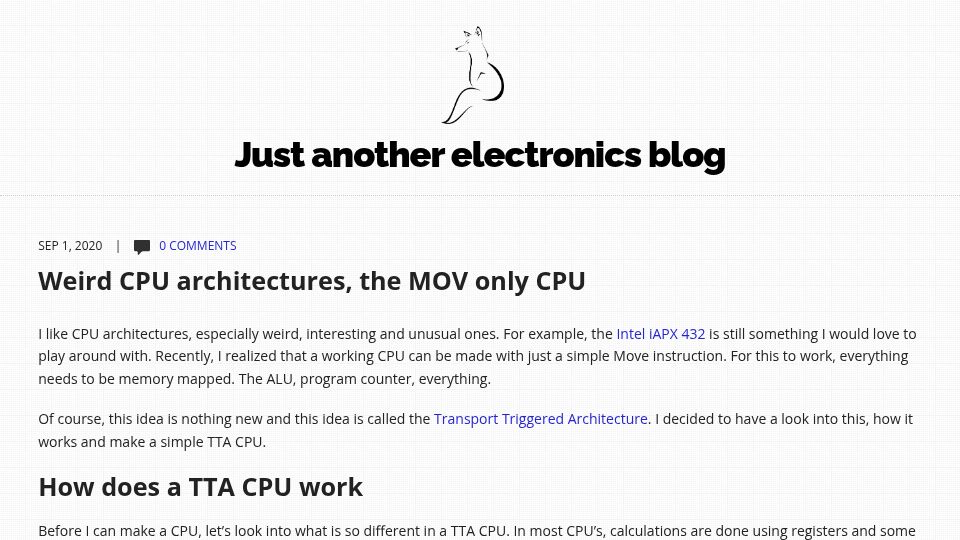 Screenshot of justanotherelectronicsblog.com: Weird CPU architectures, the MOV only CPU (2020)
