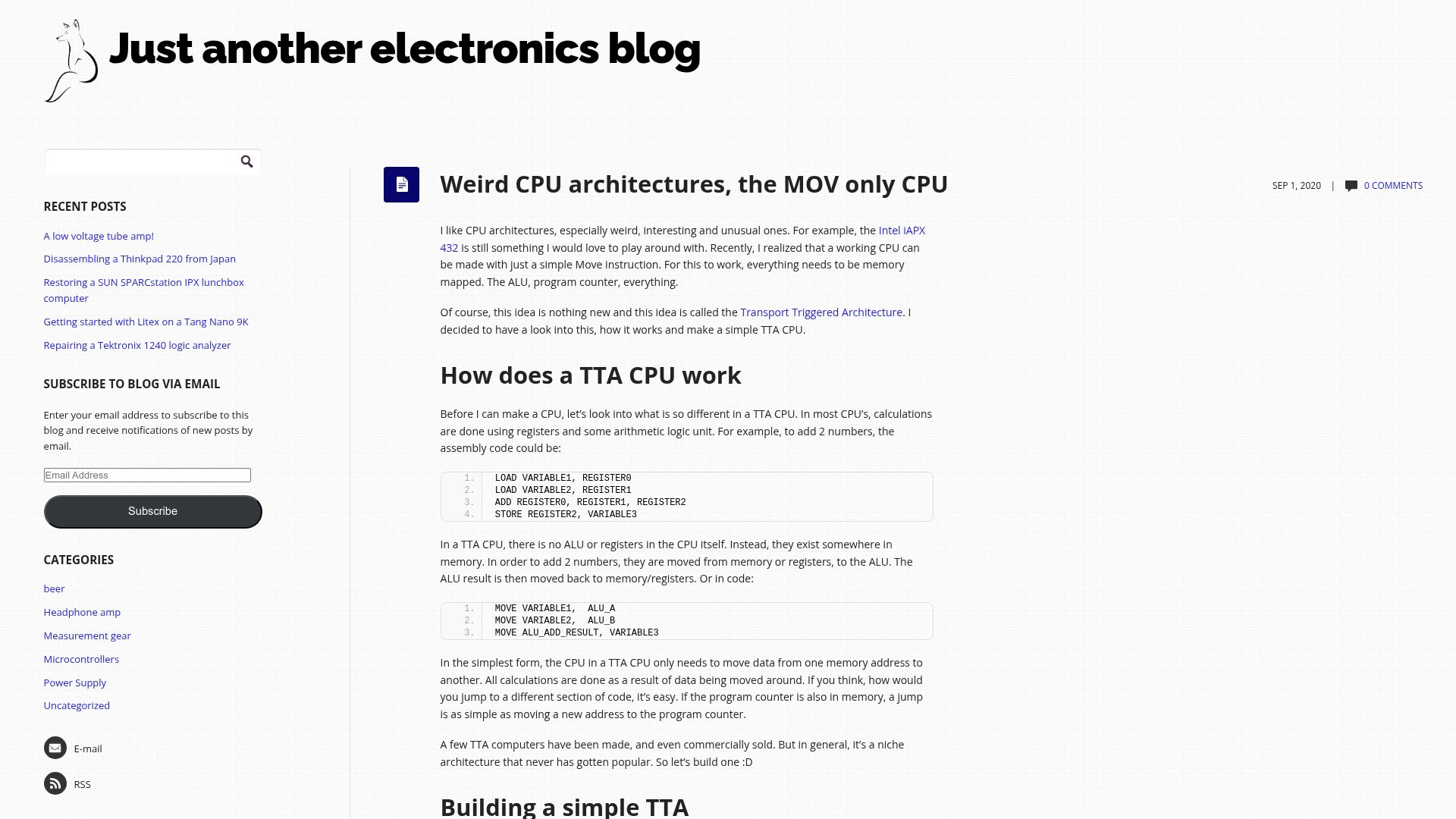 Screenshot of justanotherelectronicsblog.com: Weird CPU architectures, the MOV only CPU (2020)