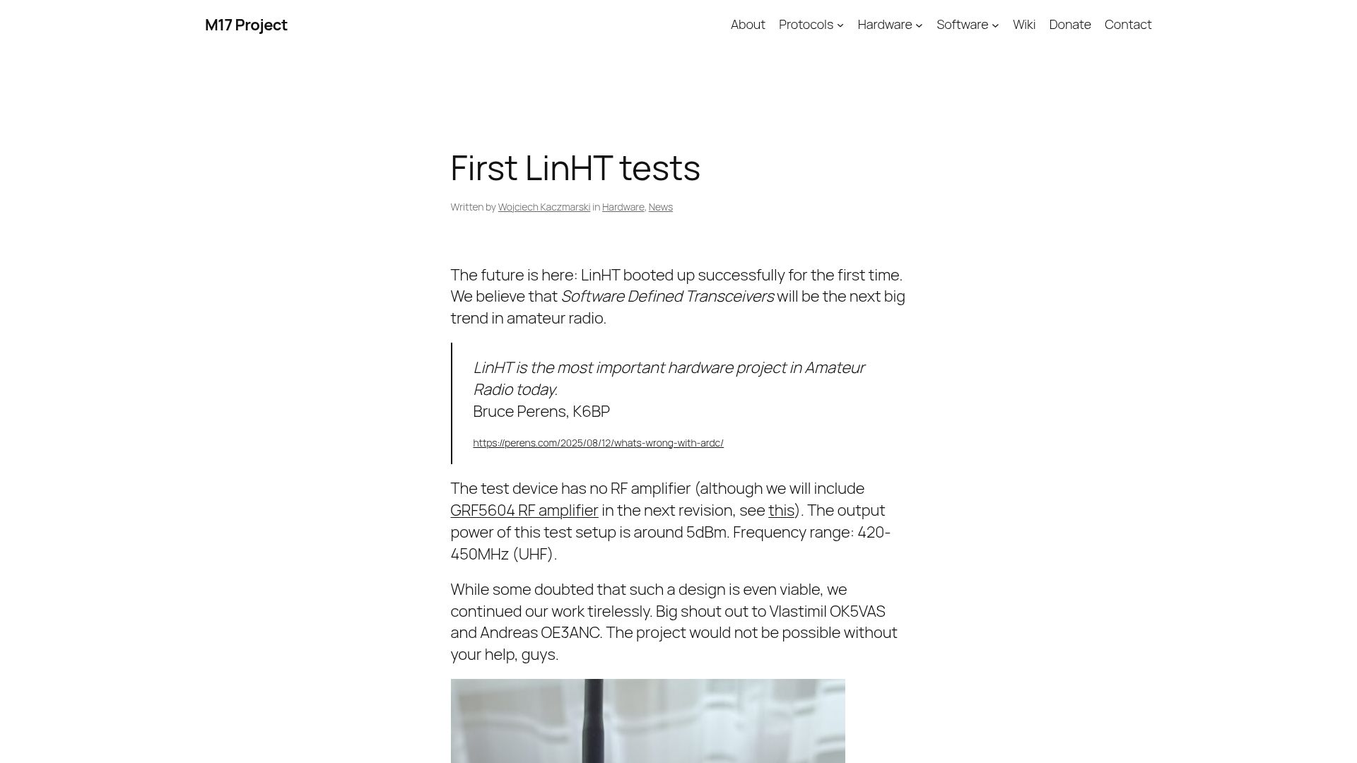 Screenshot of m17project.org: Open Source SDR Ham Transceiver Prototype