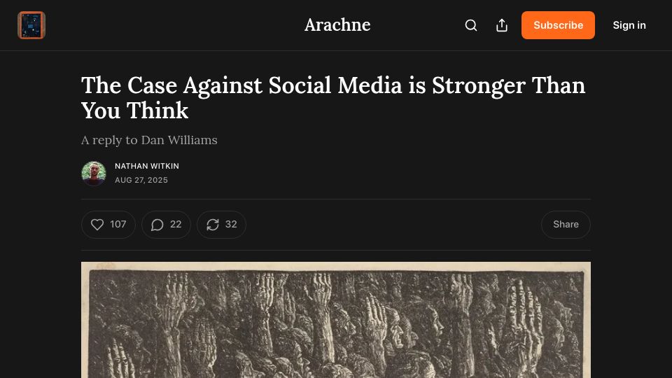Screenshot of arachnemag.substack.com: The case against social media is stronger than you think
