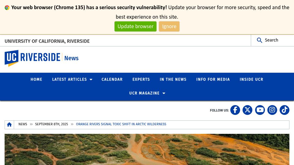 Screenshot of news.ucr.edu: Orange rivers signal toxic shift in Arctic wilderness