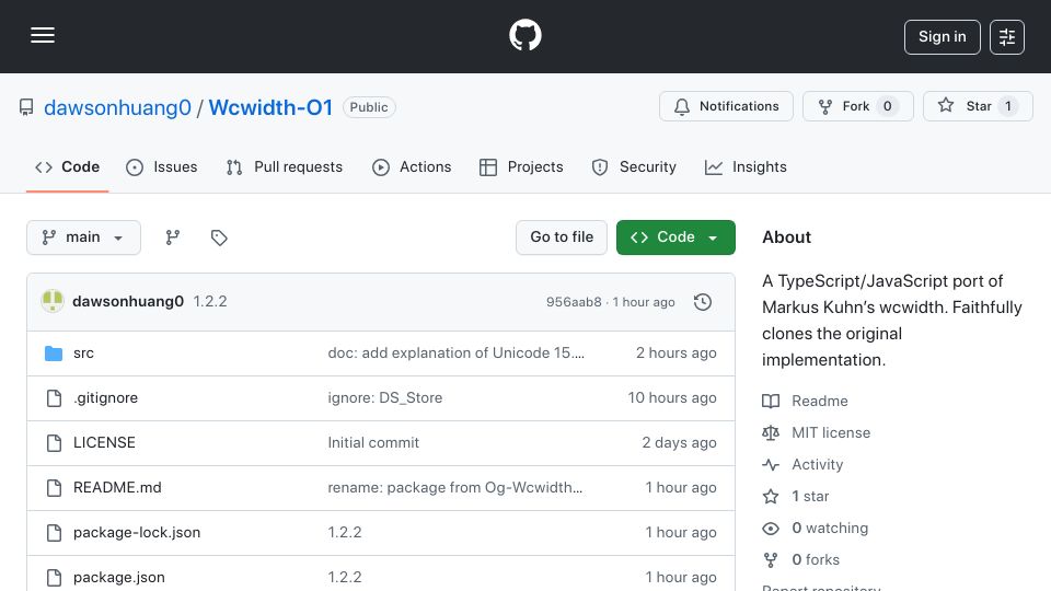 Screenshot of github.com: Show HN: wcwidth-o1 – Find Unicode text cell width in no time for JavaScript/TS