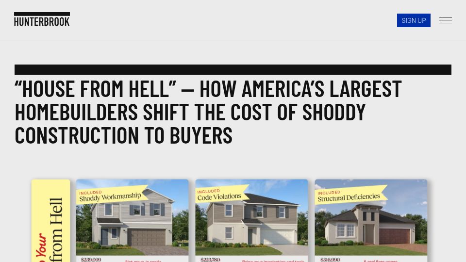 Screenshot of hntrbrk.com: America's Largest Homebuilders Shift the Cost of Shoddy Construction to Buyers