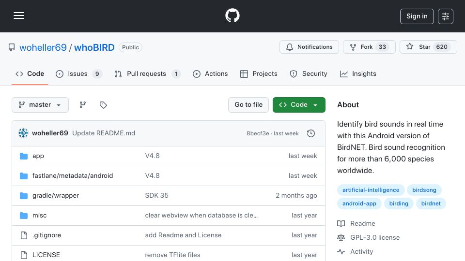 Screenshot of github.com: WhoBIRD is now deprecated on certified Android devices