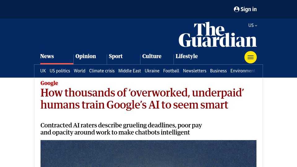 Screenshot of theguardian.com: ‘Overworked, underpaid’ humans train Google’s AI