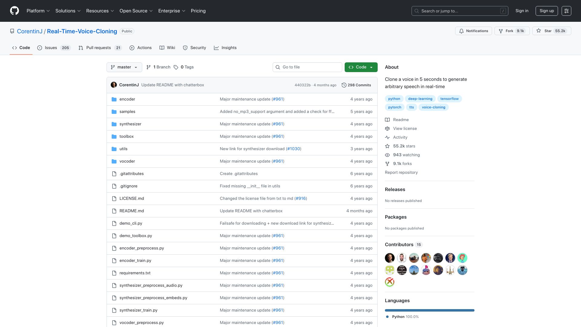 Screenshot of github.com: CorentinJ: Real-Time Voice Cloning (2021)