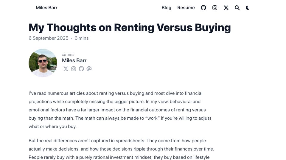 Screenshot of milesbarr.me: My thoughts on renting versus buying