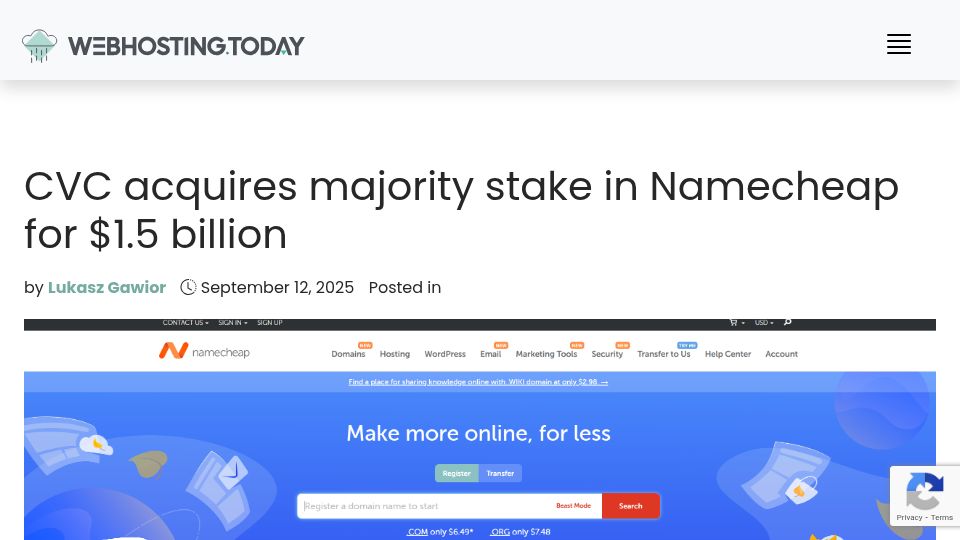 Screenshot of webhosting.today: CVC acquires majority stake in Namecheap for $1.5B