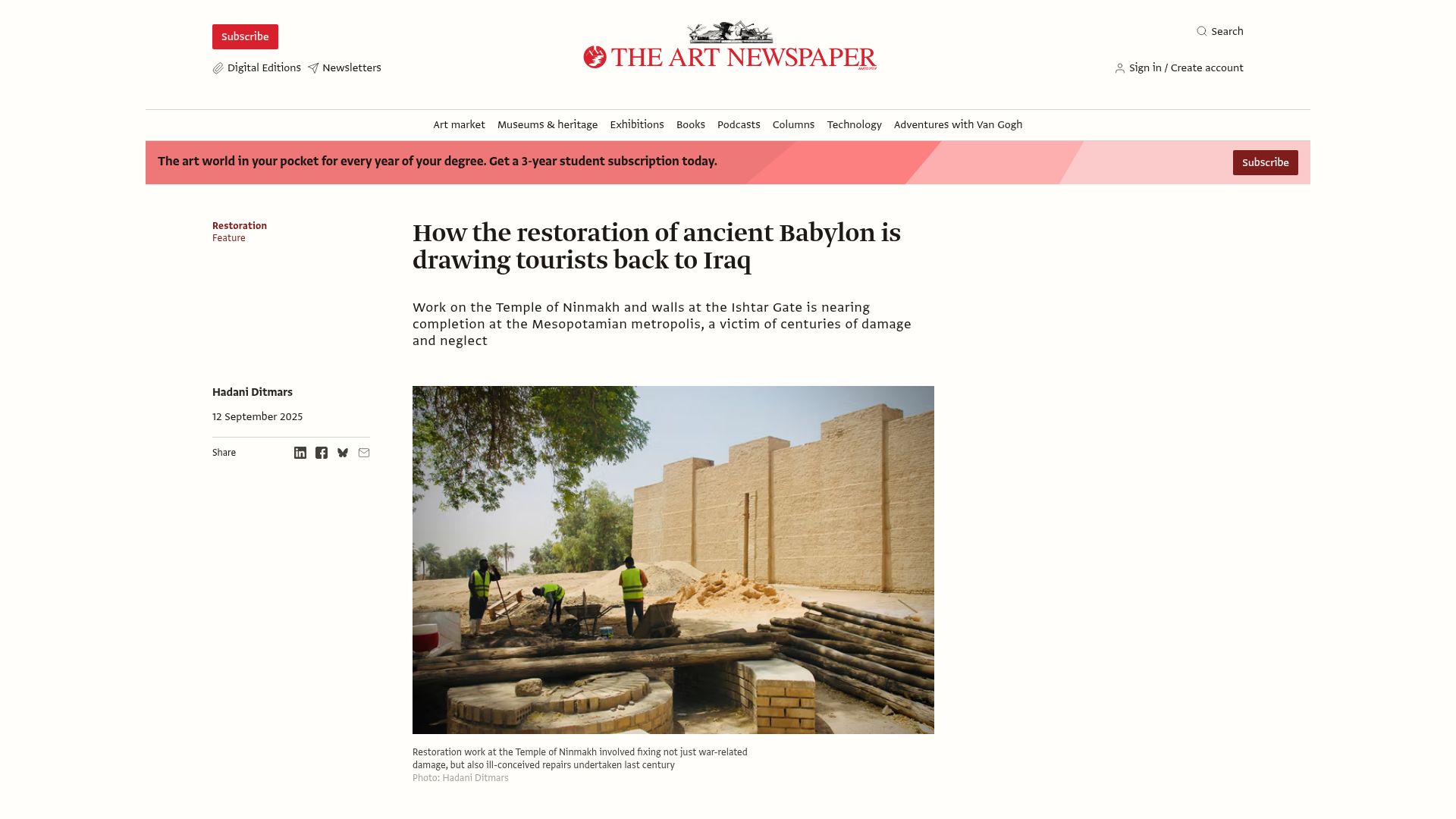 Screenshot of theartnewspaper.com: How the restoration of ancient Babylon is drawing tourists back to Iraq