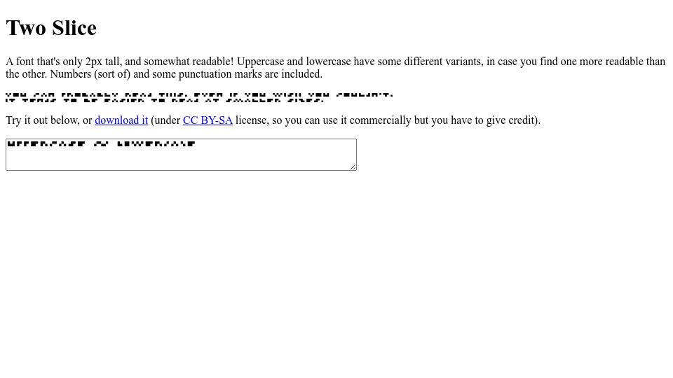 Screenshot of joefatula.com: Two Slice, a font that's only 2px tall