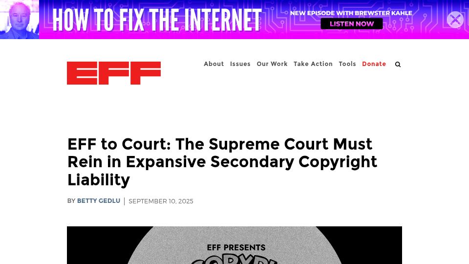 Screenshot of eff.org: EFF to court: The Supreme Court must rein in secondary copyright liability