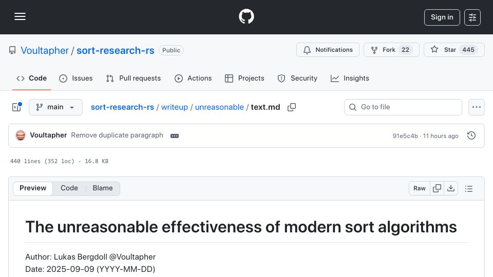 Screenshot of github.com: The unreasonable effectiveness of modern sort algorithms